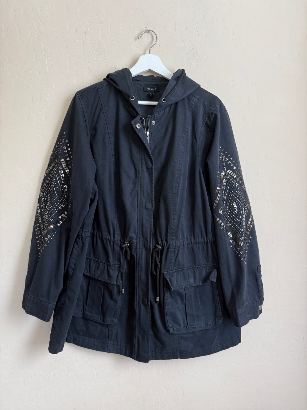 Torrid Plus Size 2 Black Embellished Hooded Anorak Jacket Coat XXL 2XL